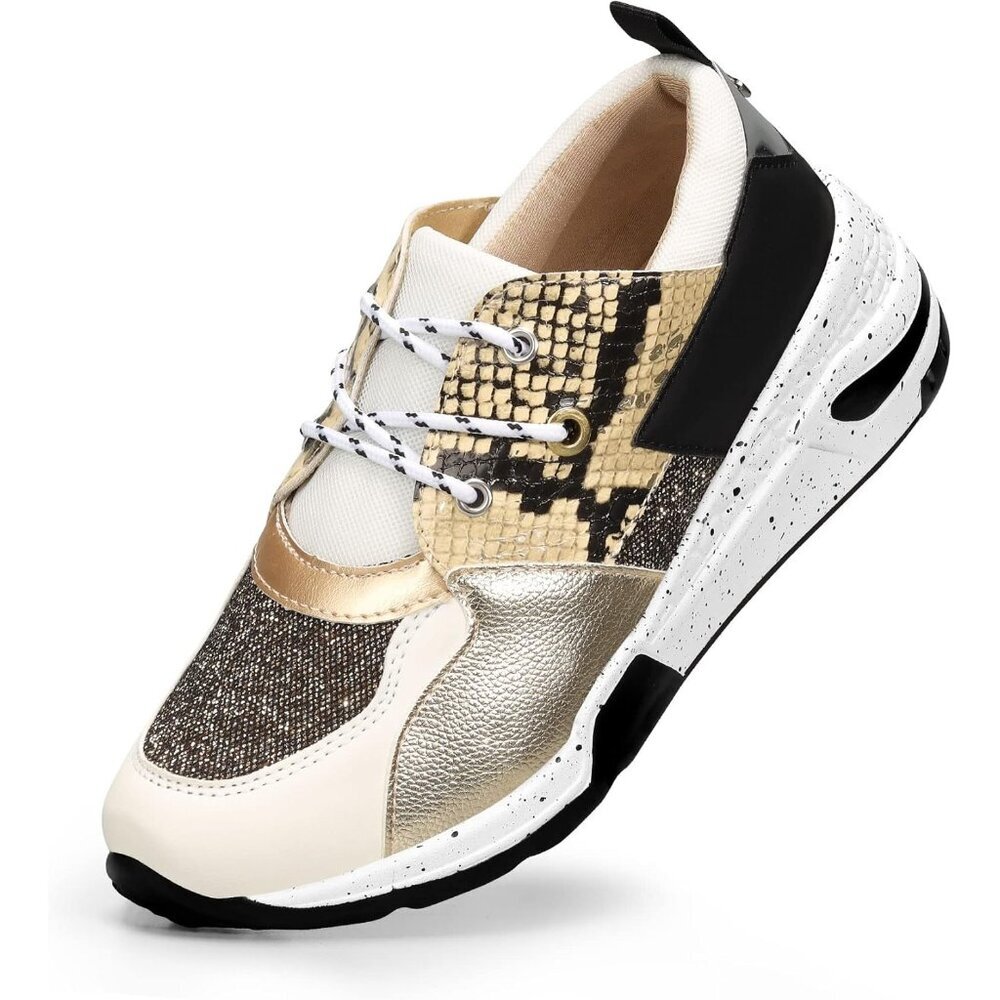 Lucky Step Women's Black White High Heel Wedge Sneaker Cliff Platform Lace Up